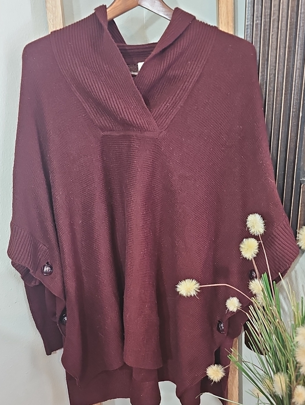 RD Style Women's V-Neck Poncho Sweater in Burgundy